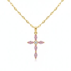 🆕️ Elegant Gold and Pink Cross Pendant Necklace